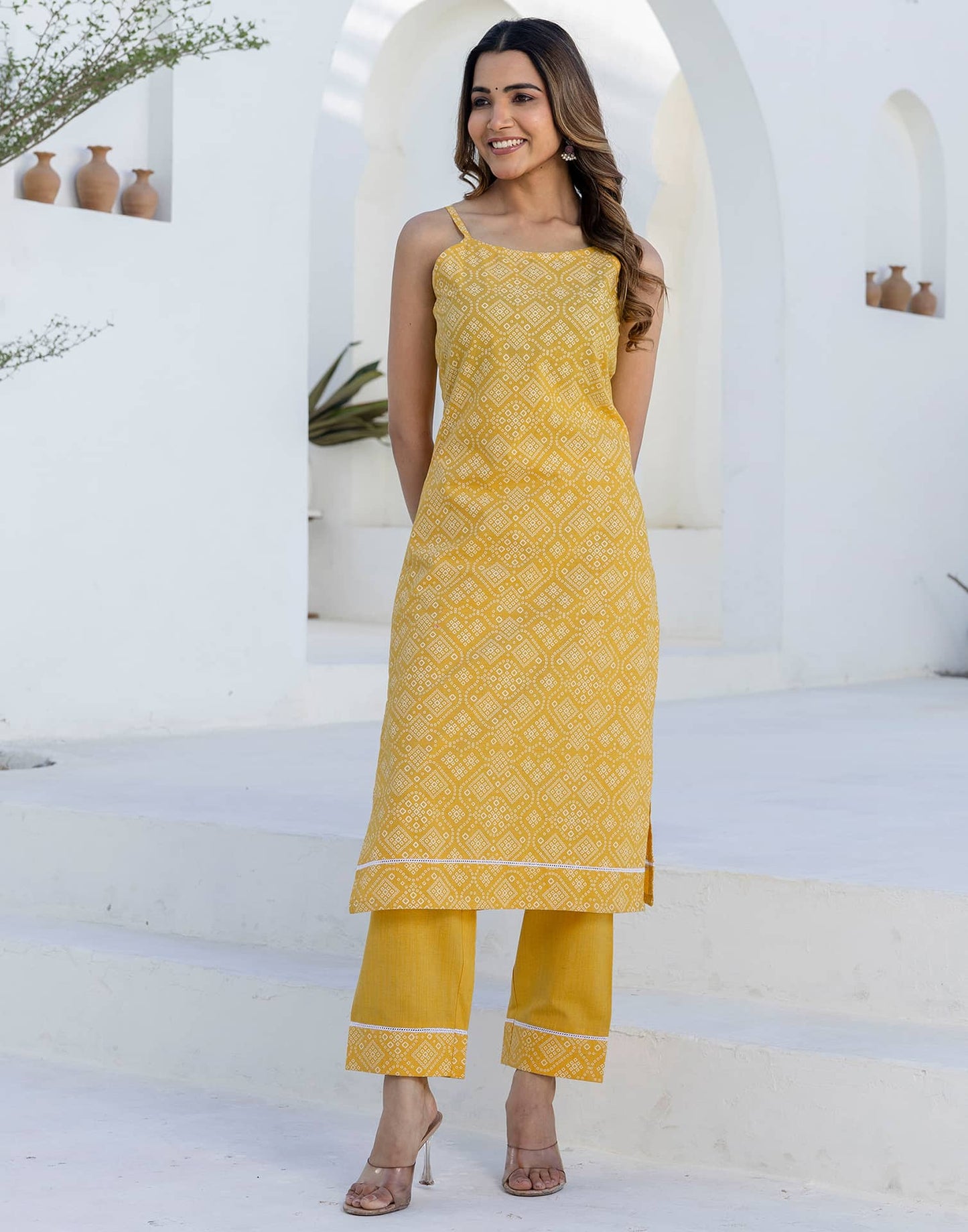 Cotton Bandhani Printed A-Line Kurta with Pant & Dupatta