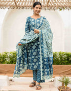 Skylee Cotton Printed Straight 3 Piece Kurta Set For Woman