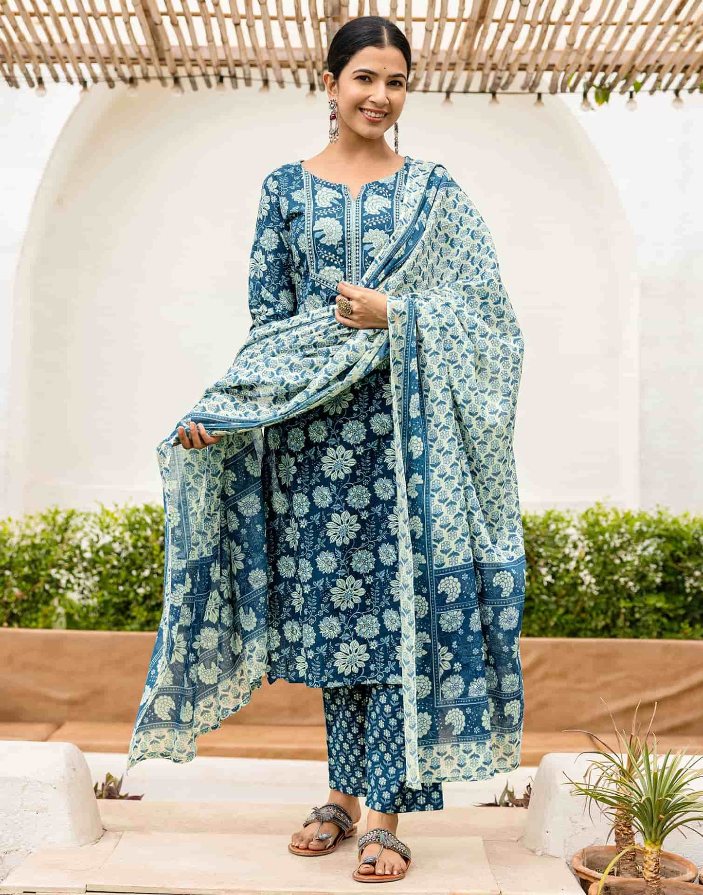 Cotton Printed Straight Kurta with Pant & Dupatta