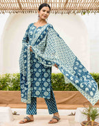 Skylee Cotton Printed Straight 3 Piece Kurta Set For Woman