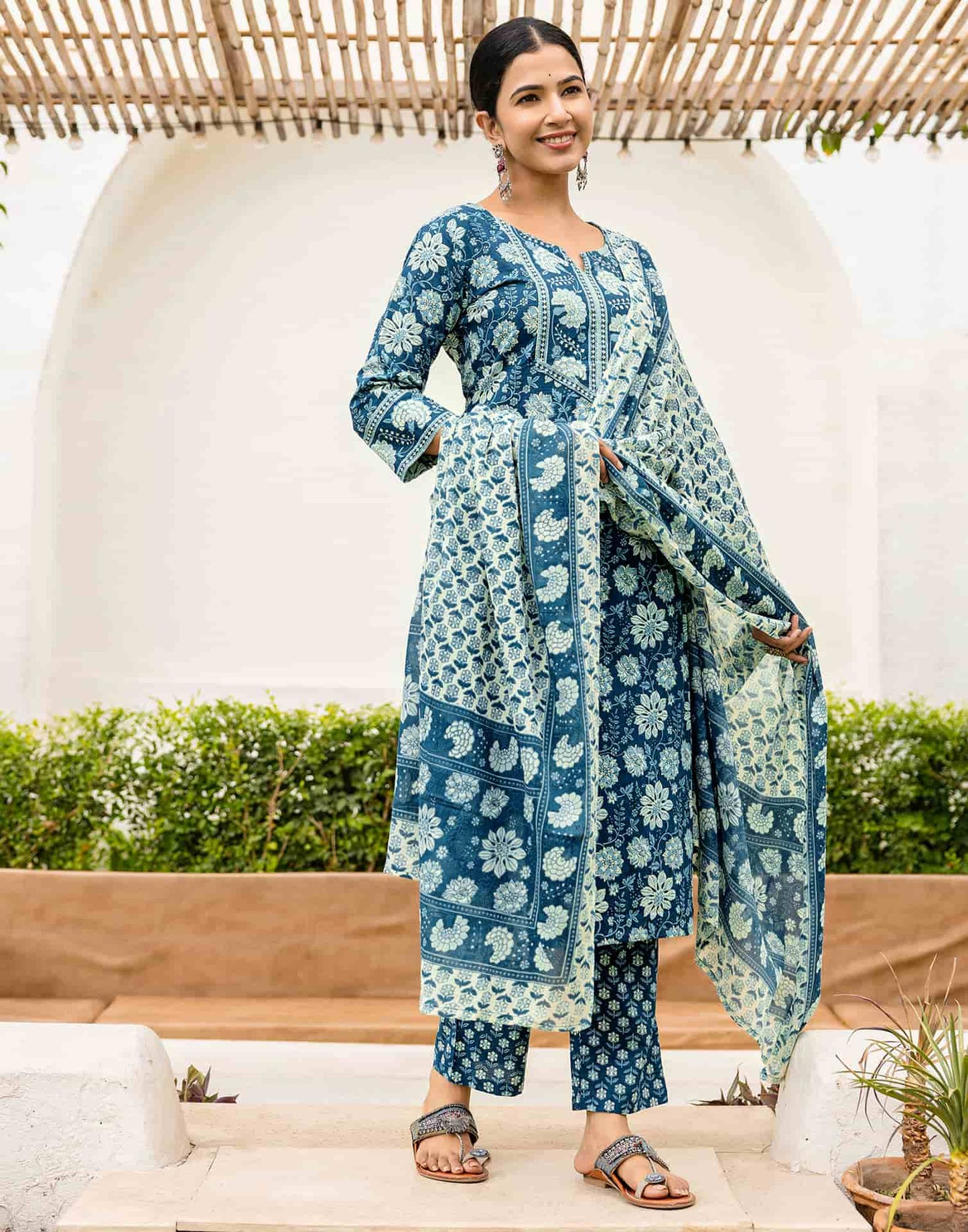 Cotton Printed Straight Kurta with Pant & Dupatta