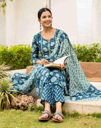 Skylee Cotton Printed Straight 3 Piece Kurta Set For Woman