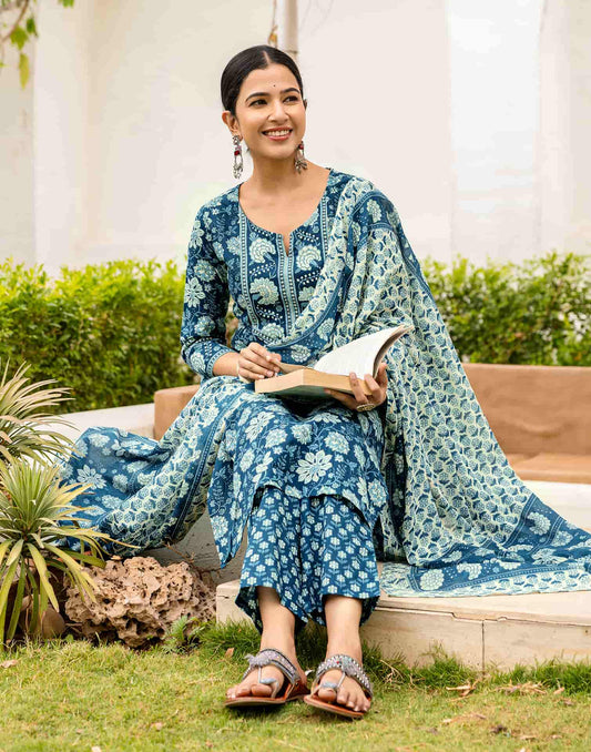 Cotton Printed Straight Kurta with Pant & Dupatta