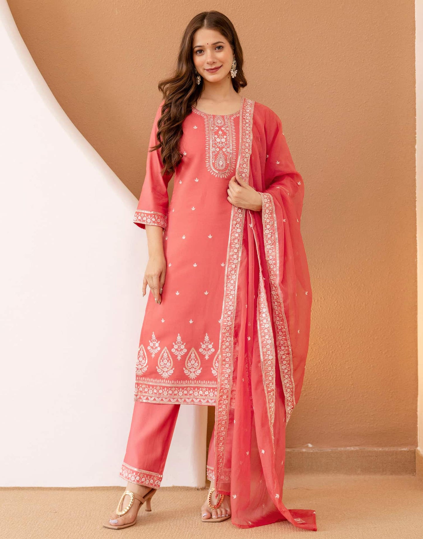 Silk Blend Embroidered Straight Kurta with Pant & Dupatta