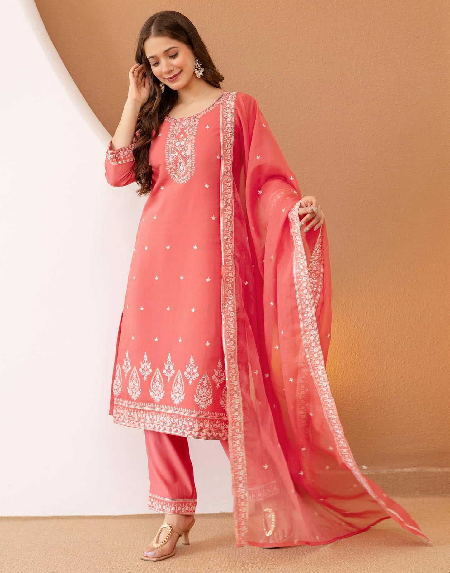 Silk Blend Embroidered Straight Kurta with Pant & Dupatta