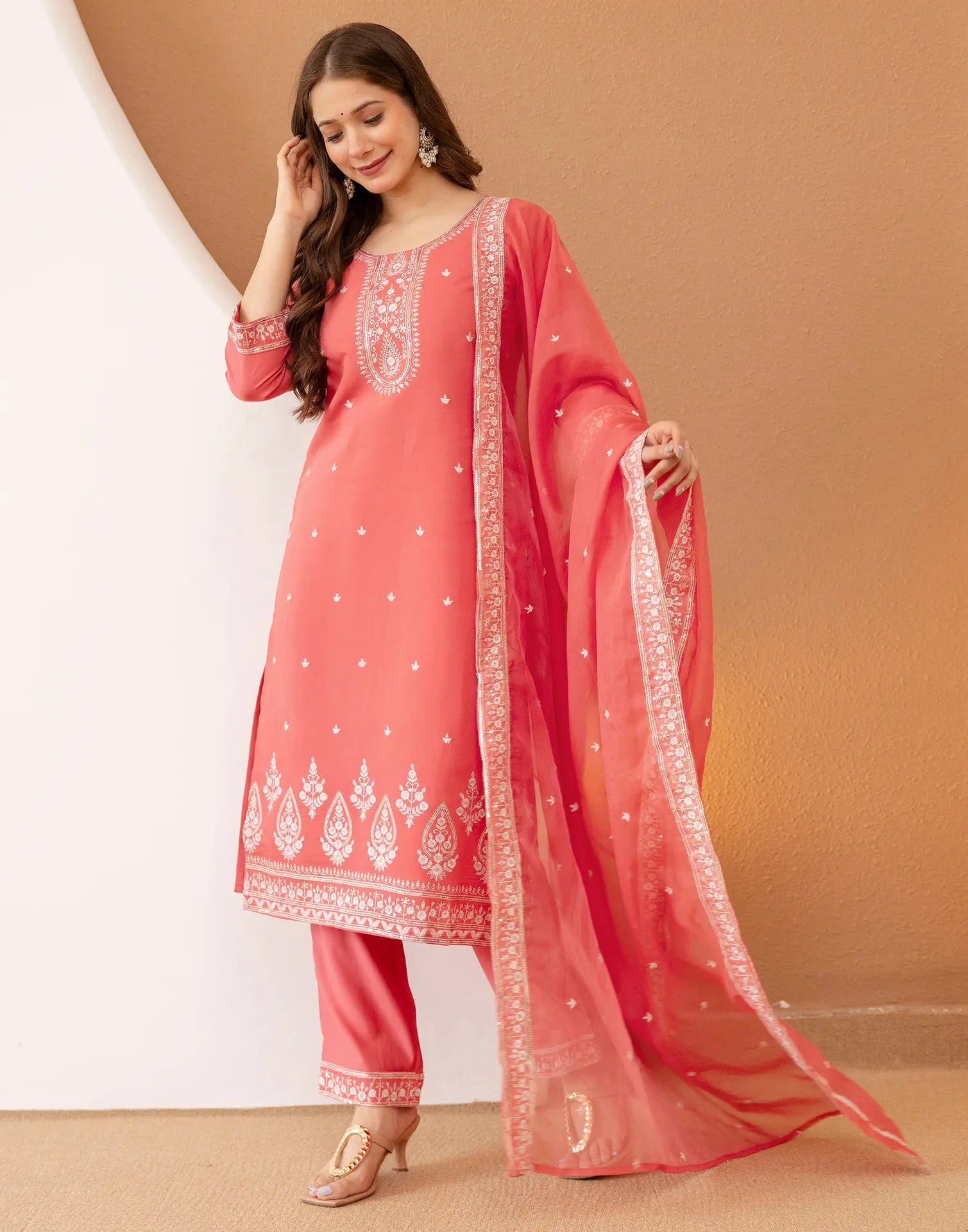 Silk Blend Embroidered Straight 3 Piece Kurta Set