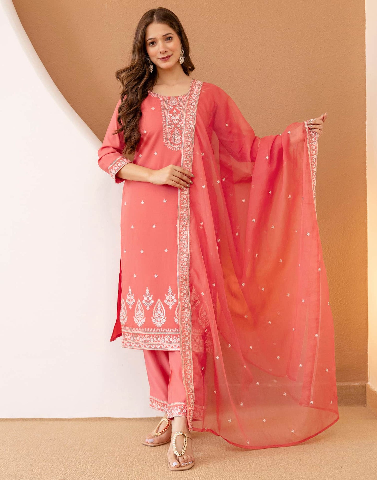 Silk Blend Embroidered Straight Kurta with Pant & Dupatta