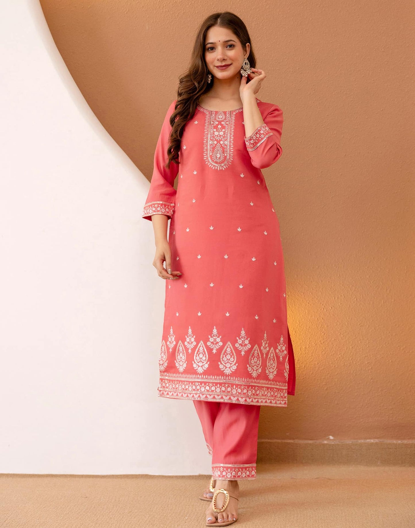 Silk Blend Embroidered Straight Kurta with Pant & Dupatta
