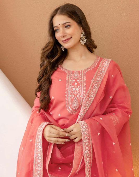 Silk Blend Embroidered Straight Kurta with Pant & Dupatta