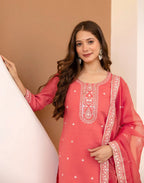 Silk Blend Embroidered Straight 3 Piece Kurta Set
