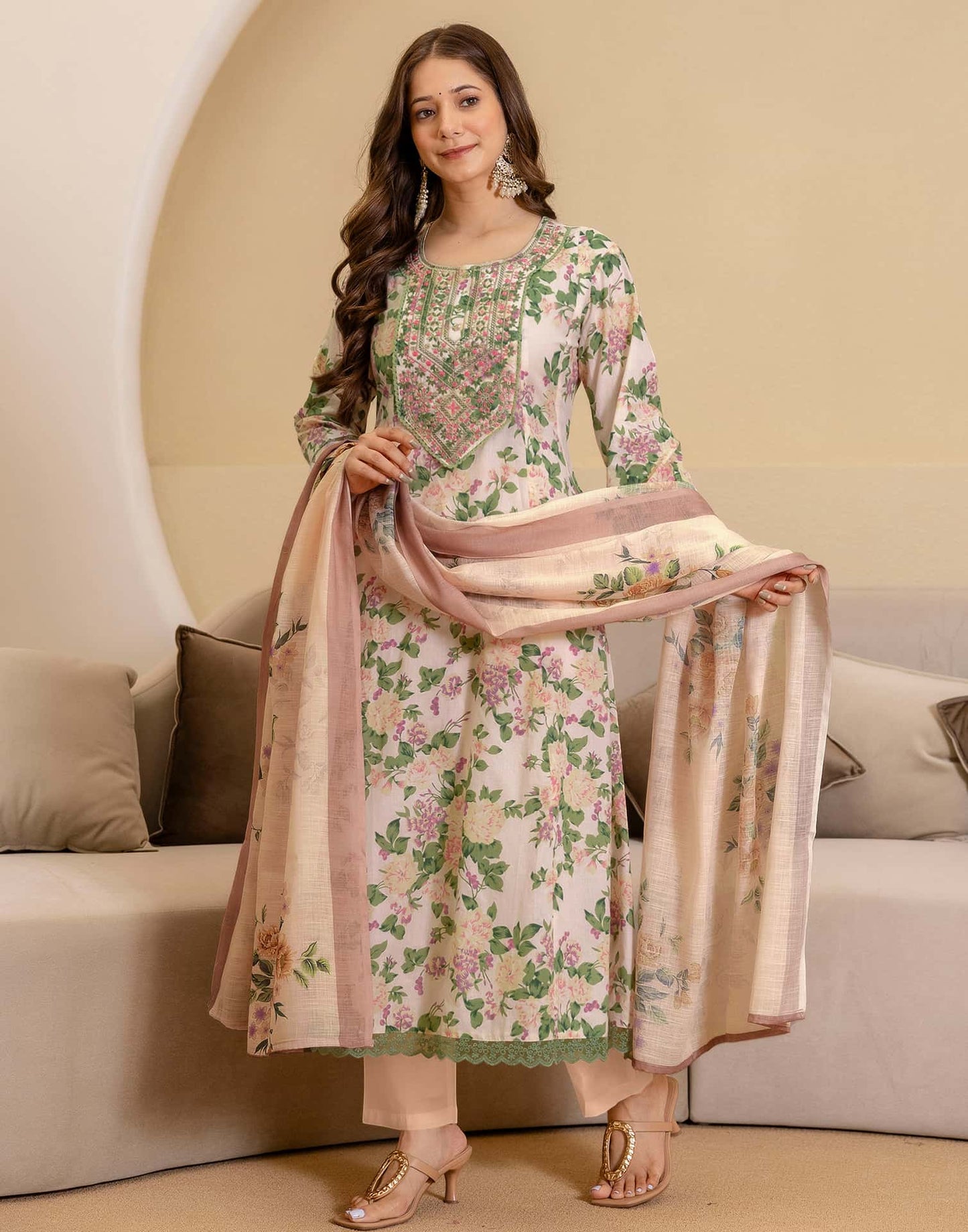 Cotton Printed Anarkali Kurta with Pant & Dupatta