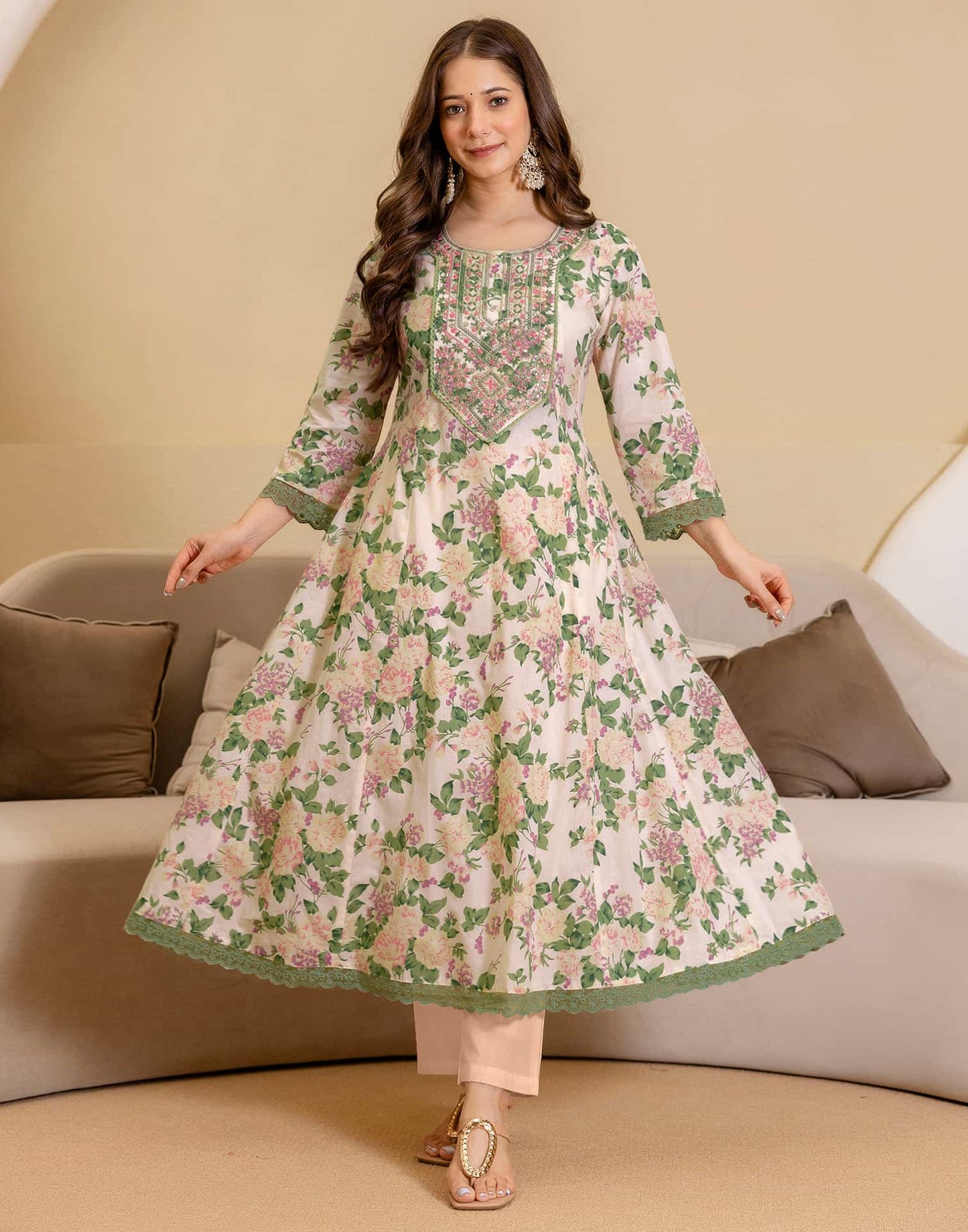 Cotton Printed Anarkali Kurta with Pant & Dupatta