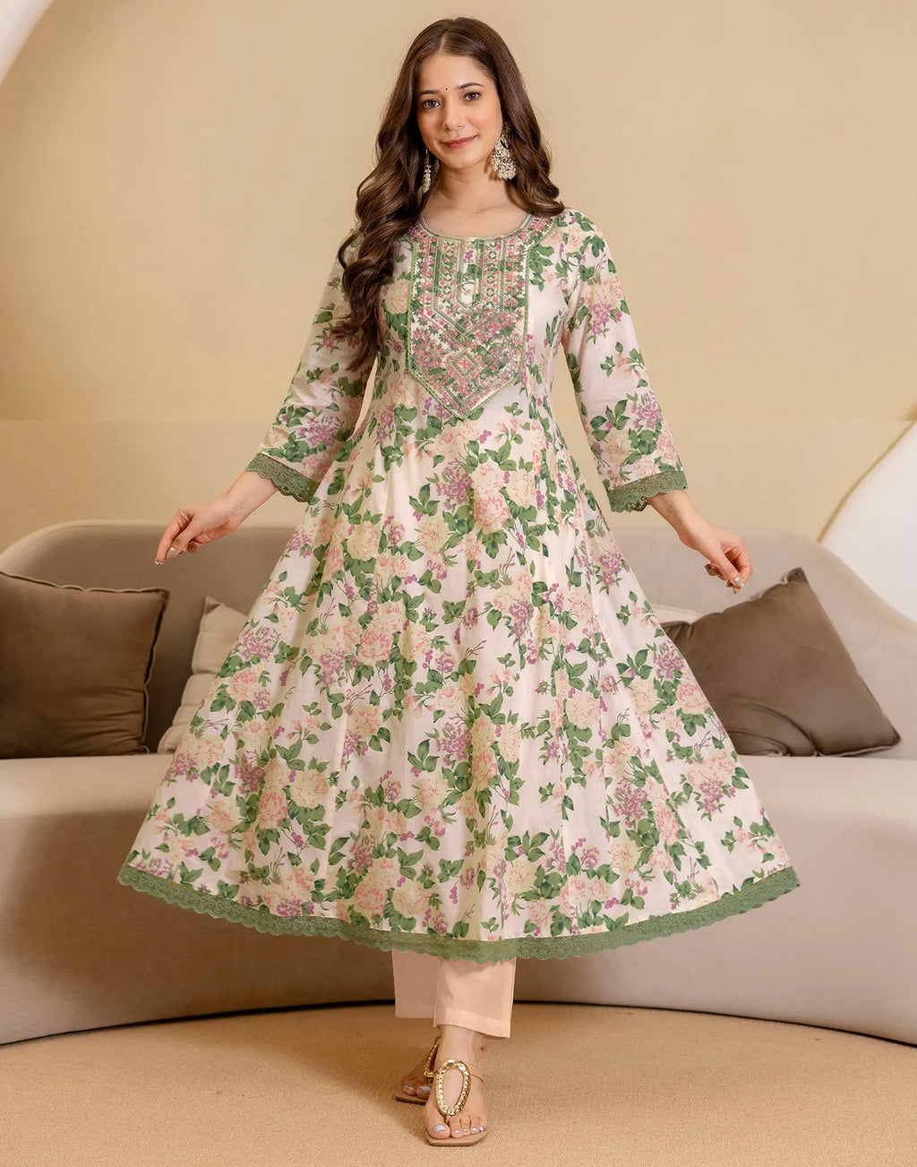 Cotton Floral Print Anarkali 3 Piece Kurta Set