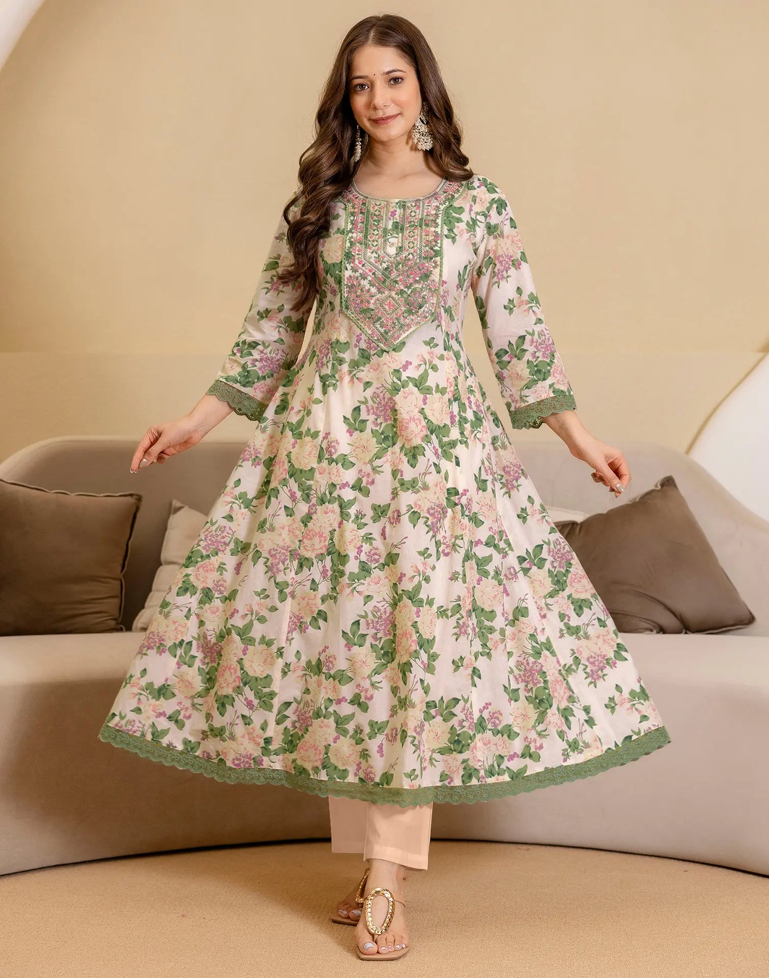 Cotton Floral Print Anarkali 3 Piece Kurta Set