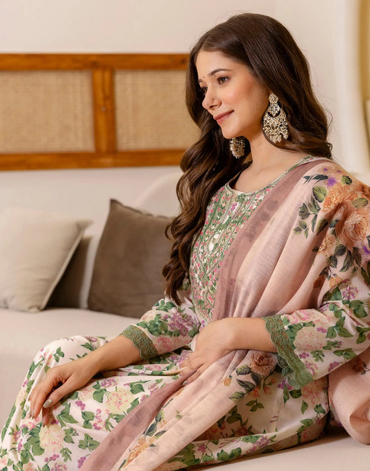 Cotton Floral Print Anarkali 3 Piece Kurta Set