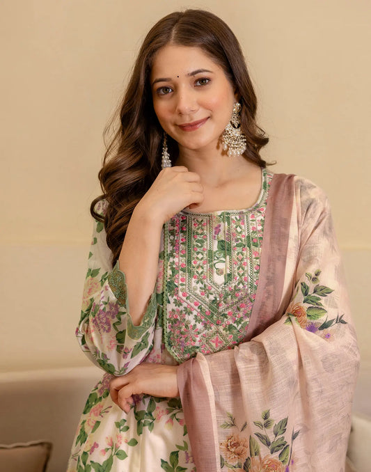 Cotton Floral Print Anarkali 3 Piece Kurta Set