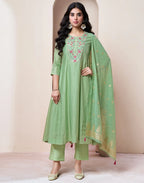 Poly Chinnon Embroidered A-Line 3 Piece Kurta Set