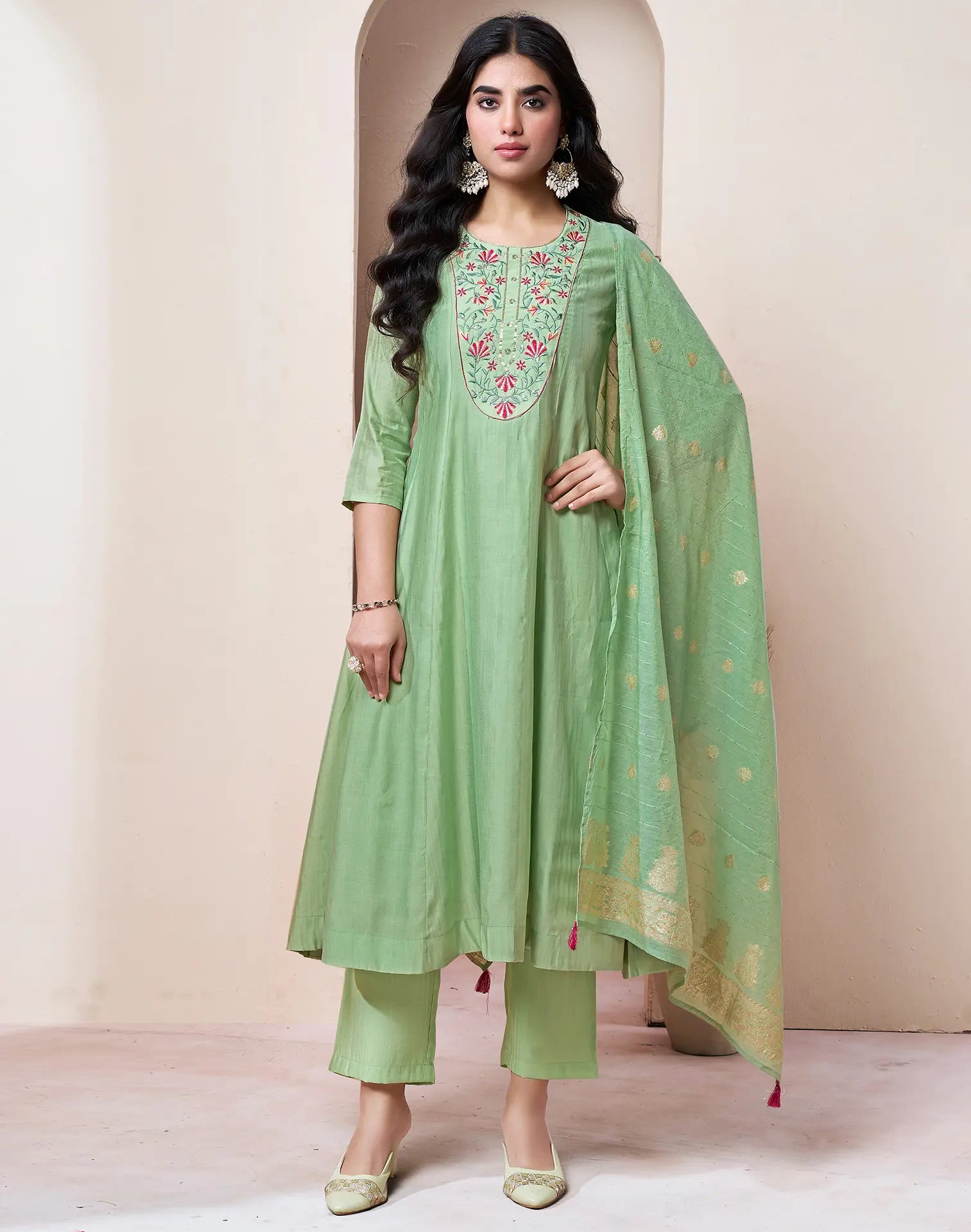 Poly Chinnon Embroidered A-Line 3 Piece Kurta Set