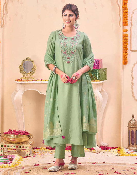 Silk Embroidered Anarkali Kurta with Pant & Dupatta