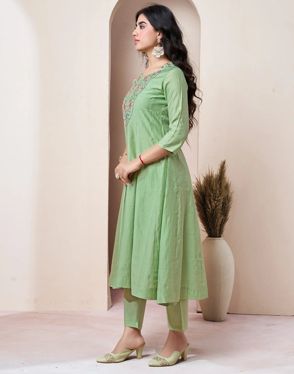 Poly Chinnon Embroidered A-Line 3 Piece Kurta Set
