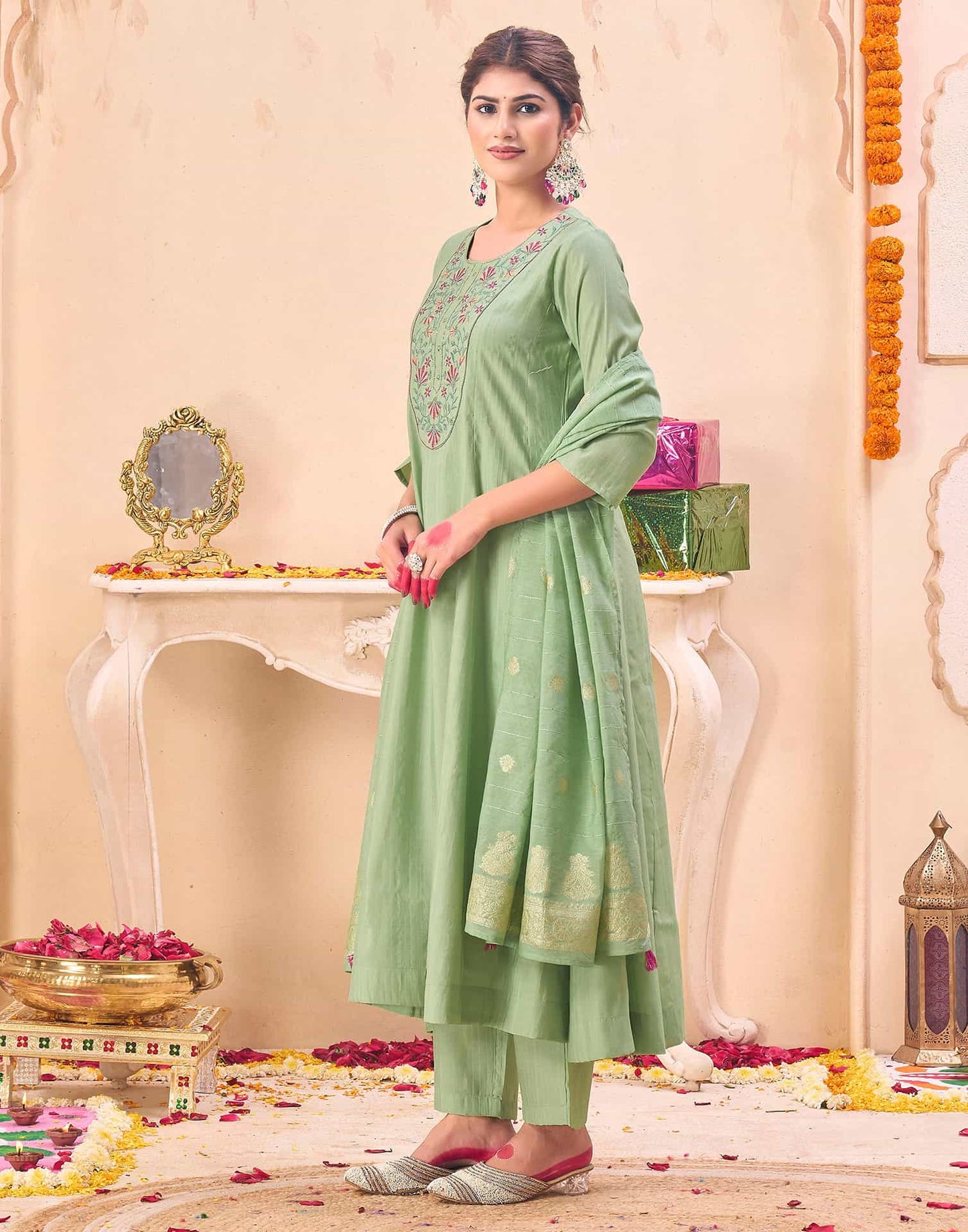 Silk Embroidered Anarkali Kurta with Pant & Dupatta