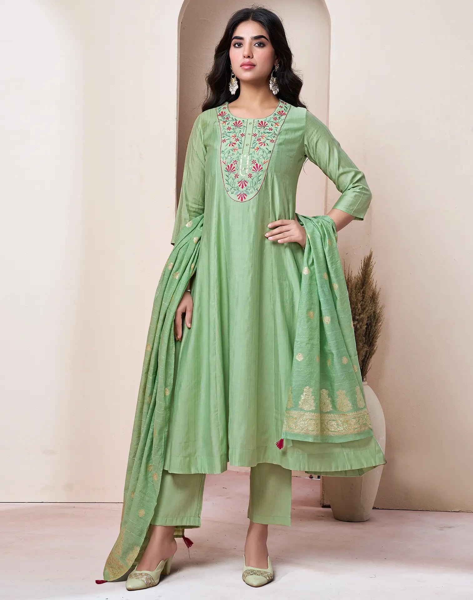 Poly Chinnon Embroidered A-Line 3 Piece Kurta Set