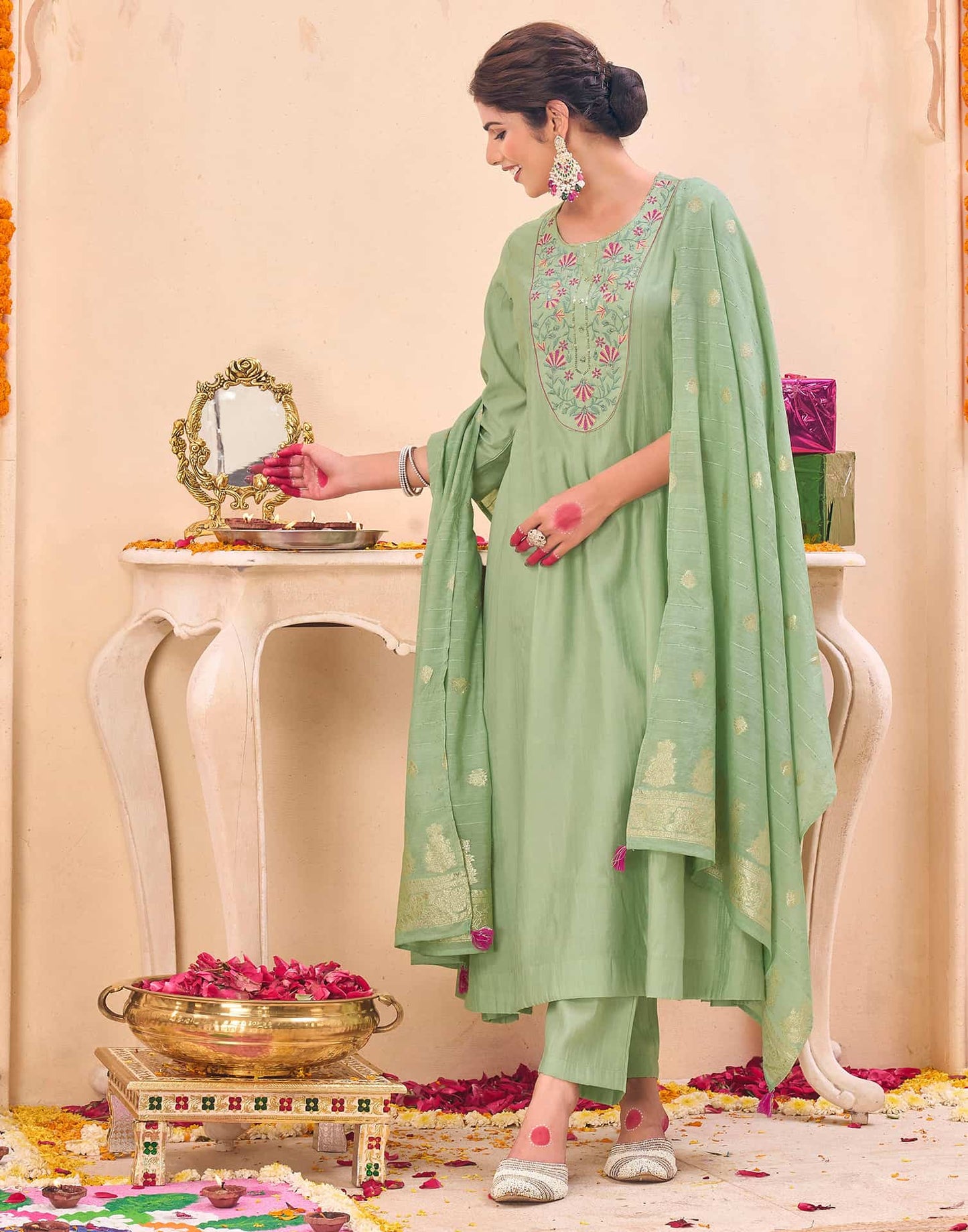 Silk Embroidered Anarkali Kurta with Pant & Dupatta
