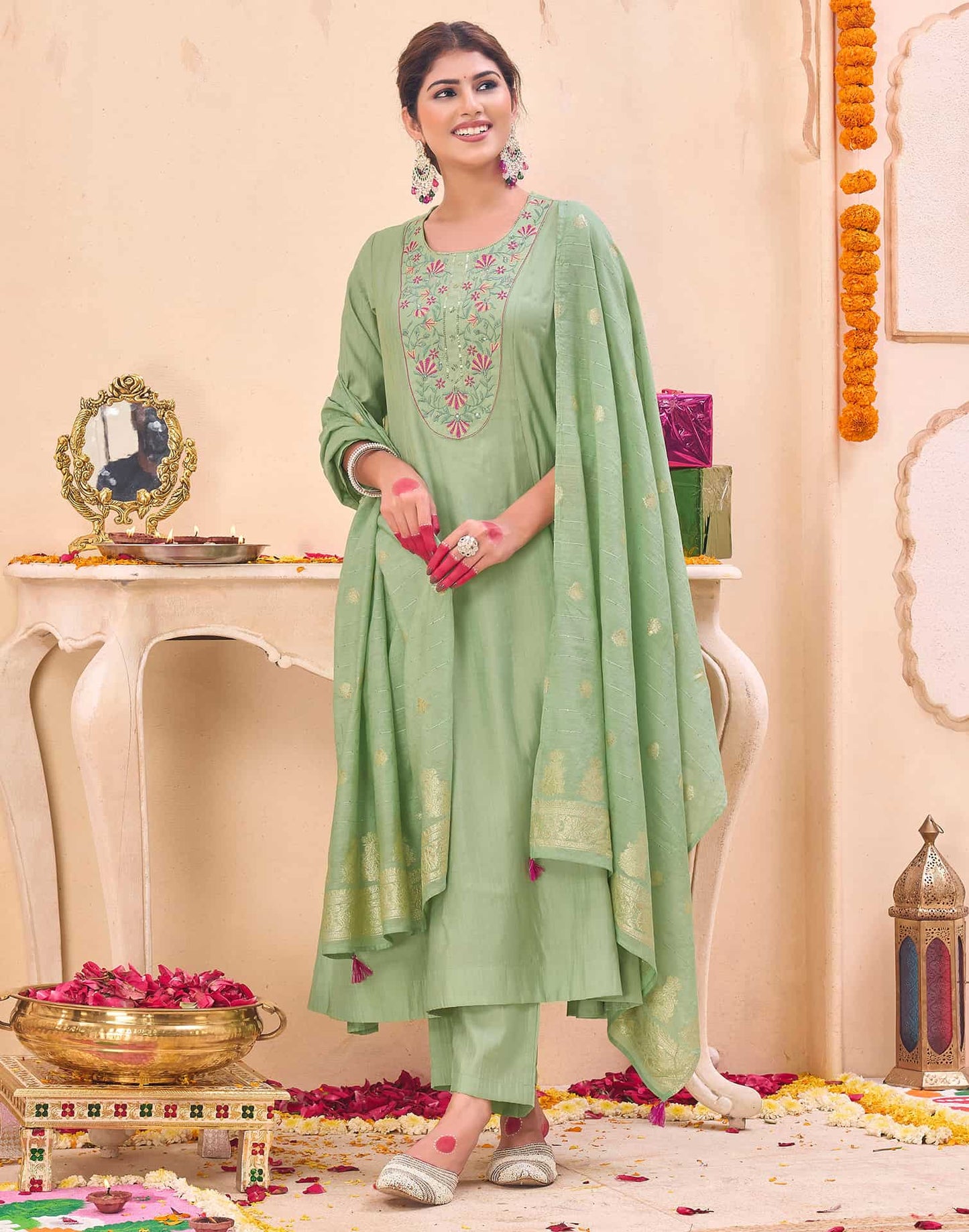 Silk Embroidered Anarkali Kurta with Pant & Dupatta