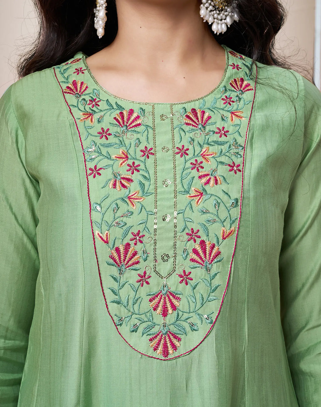 Poly Chinnon Embroidered A-Line 3 Piece Kurta Set