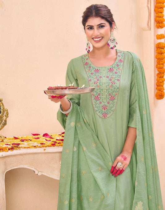 Silk Embroidered Anarkali Kurta with Pant & Dupatta