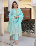 Pale Blue Notched Round Neck Embroidered Digital Printed Straight 3 Piece Kurta Set with Dupatta