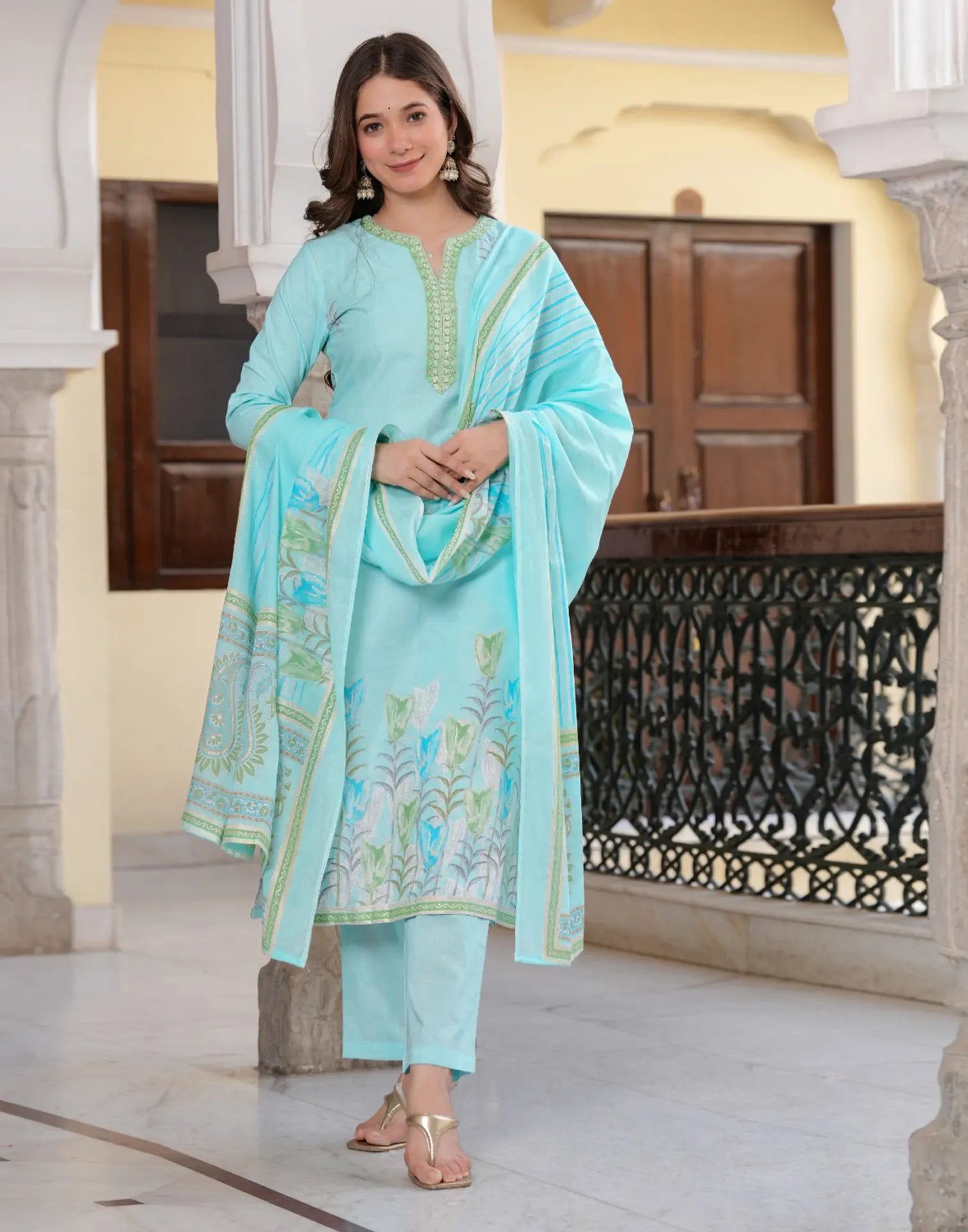 Pale Blue Notched Round Neck Embroidered Digital Printed Straight 3 Piece Kurta Set with Dupatta
