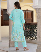 Pale Blue Notched Round Neck Embroidered Digital Printed Straight 3 Piece Kurta Set with Dupatta