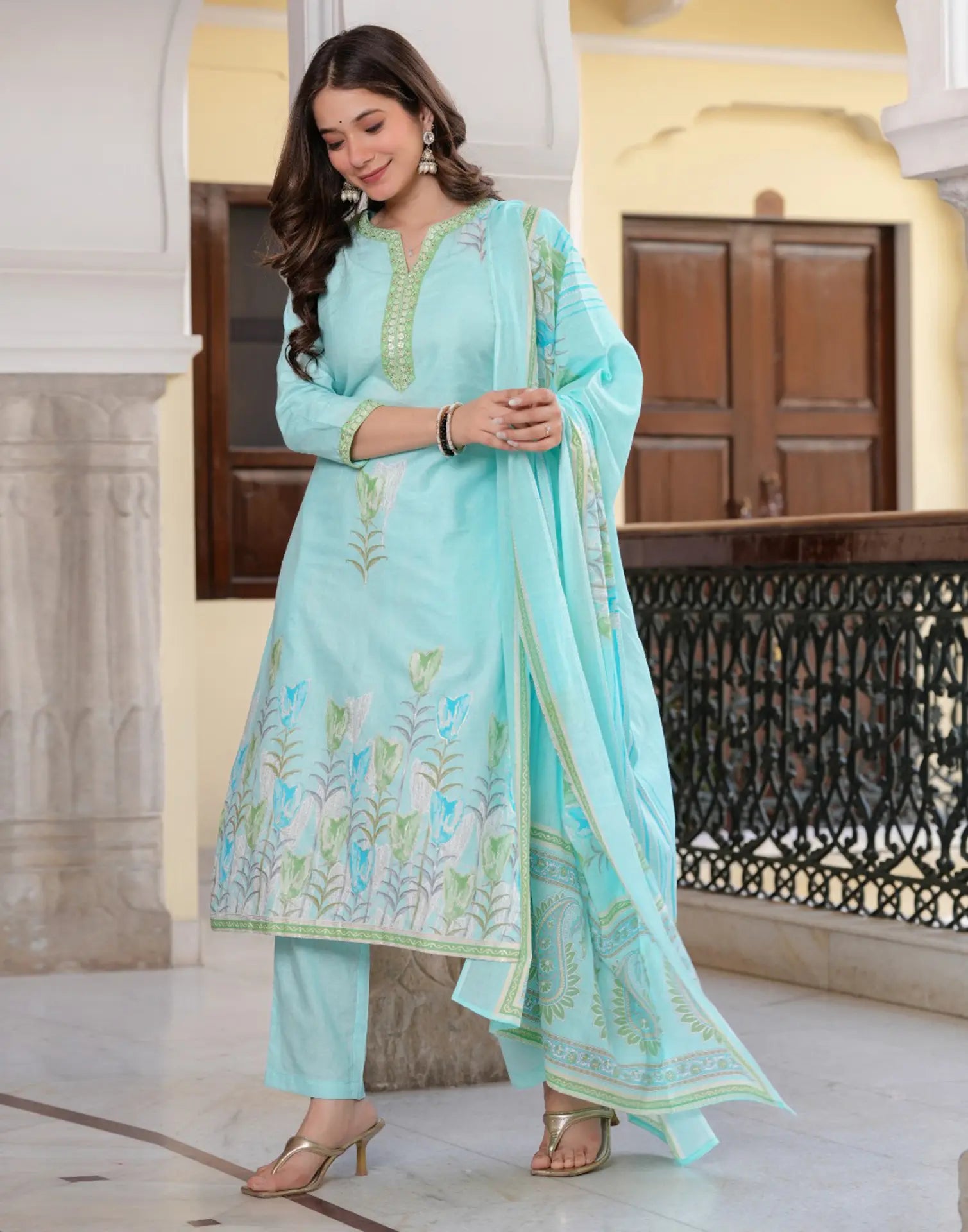 Pale Blue Notched Round Neck Embroidered Digital Printed Straight 3 Piece Kurta Set with Dupatta