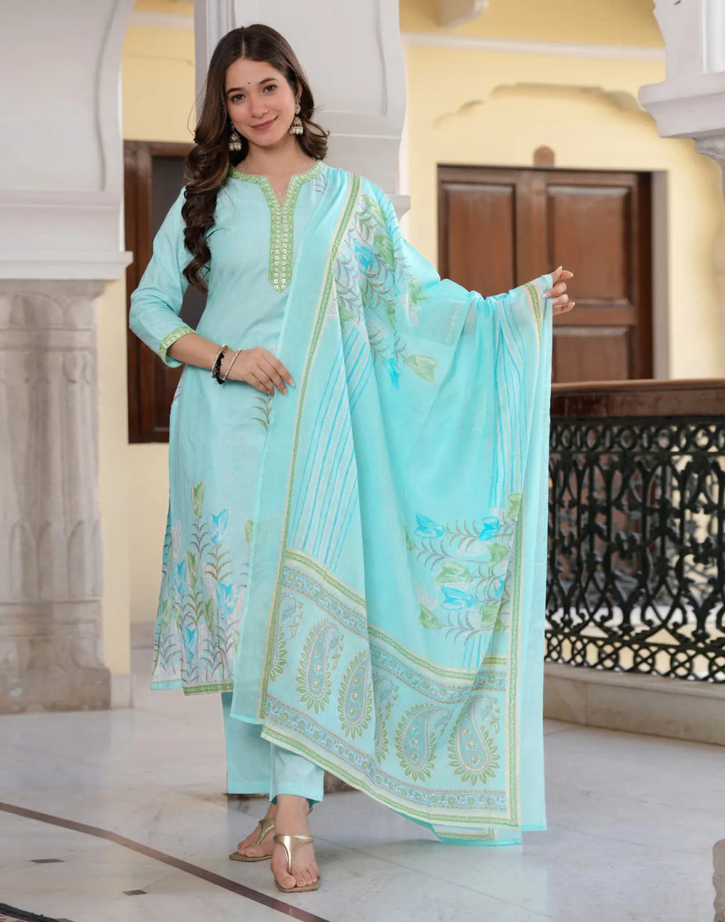 Pale Blue Notched Round Neck Embroidered Digital Printed Straight 3 Piece Kurta Set with Dupatta