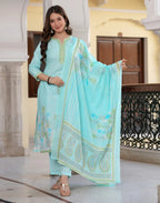 Pale Blue Notched Round Neck Embroidered Digital Printed Straight 3 Piece Kurta Set with Dupatta
