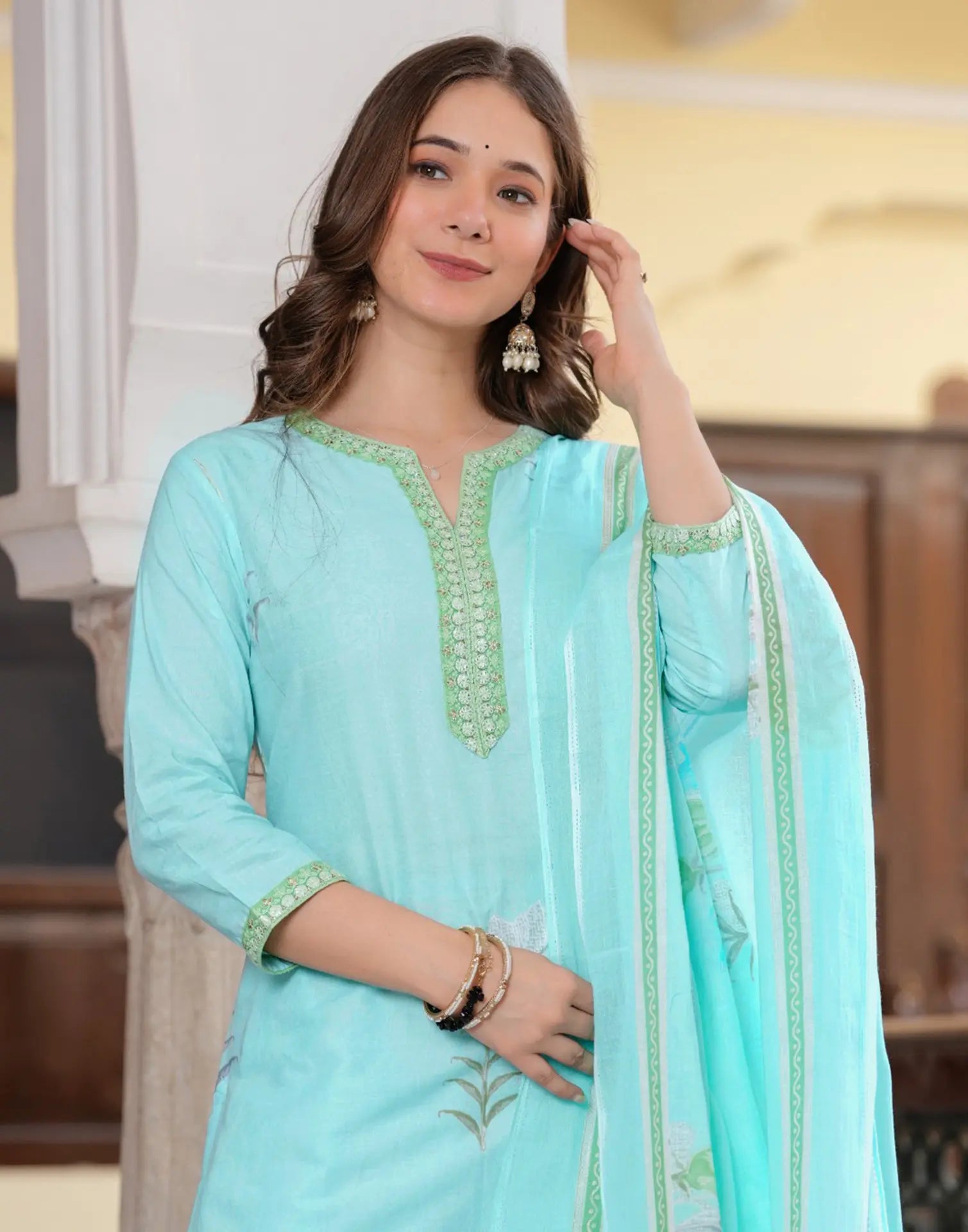 Pale Blue Notched Round Neck Embroidered Digital Printed Straight 3 Piece Kurta Set with Dupatta