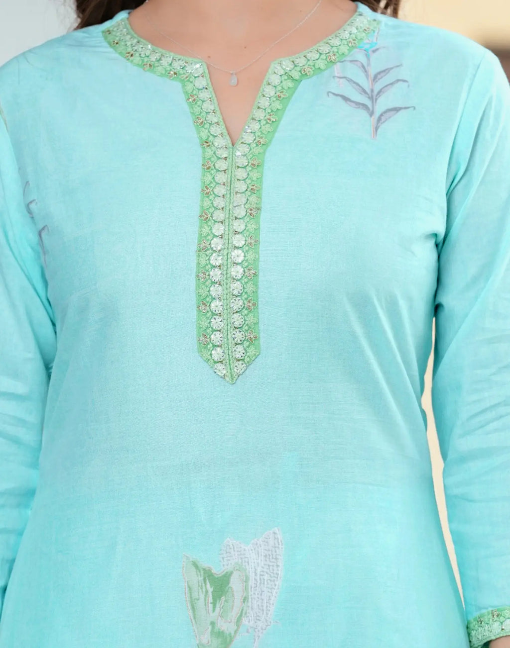 Pale Blue Notched Round Neck Embroidered Digital Printed Straight 3 Piece Kurta Set with Dupatta