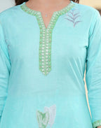 Pale Blue Notched Round Neck Embroidered Digital Printed Straight 3 Piece Kurta Set with Dupatta