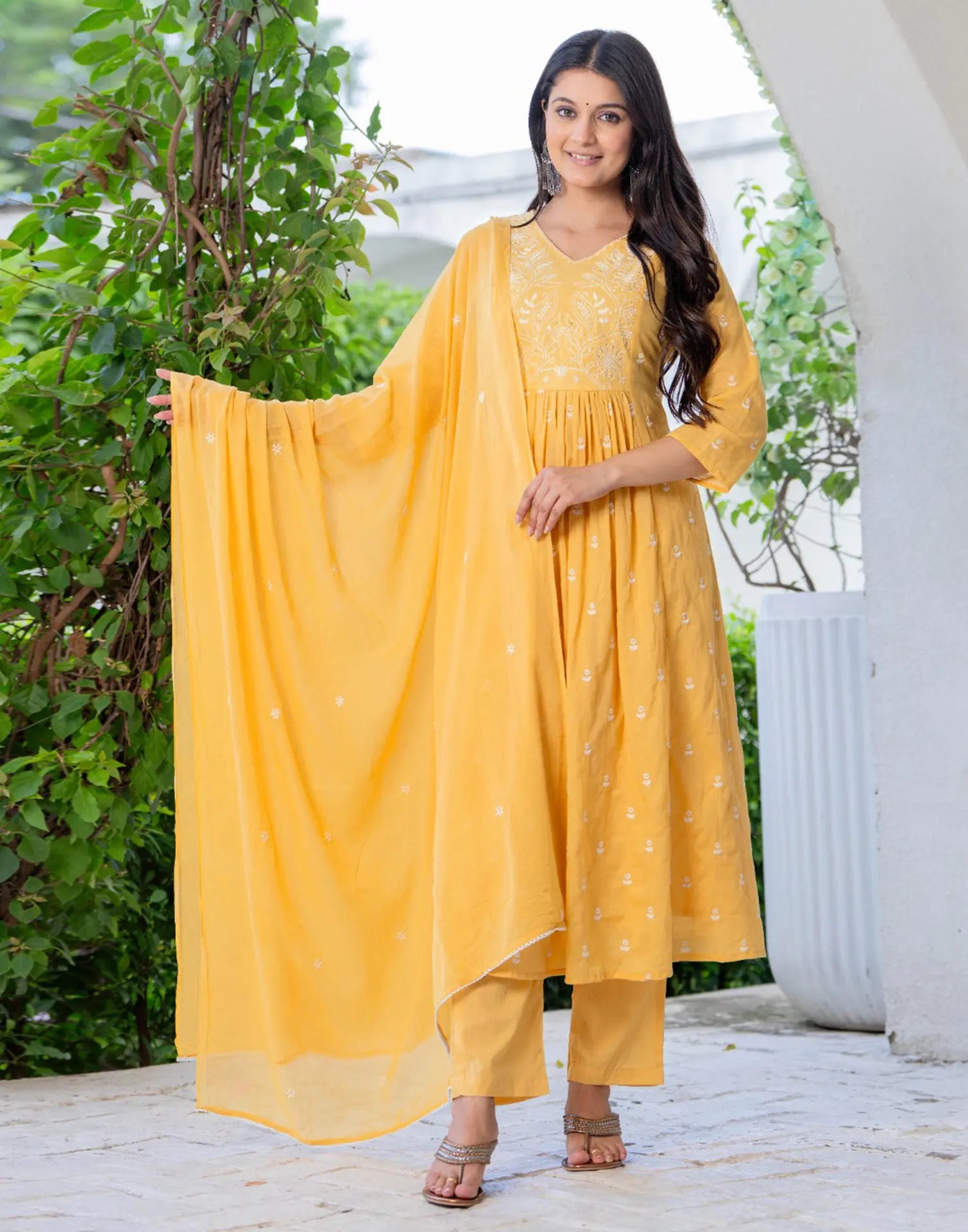 Skylee Cotton Embroidered A-Line 3 Piece Kurta Set For Woman