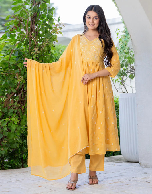 Cotton Embroidered A-Line 3 Piece Kurta Set