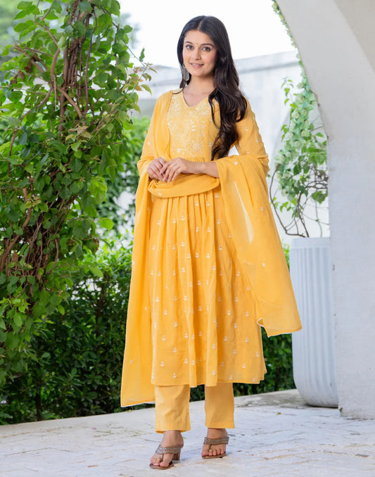 Cotton Embroidered A-Line 3 Piece Kurta Set