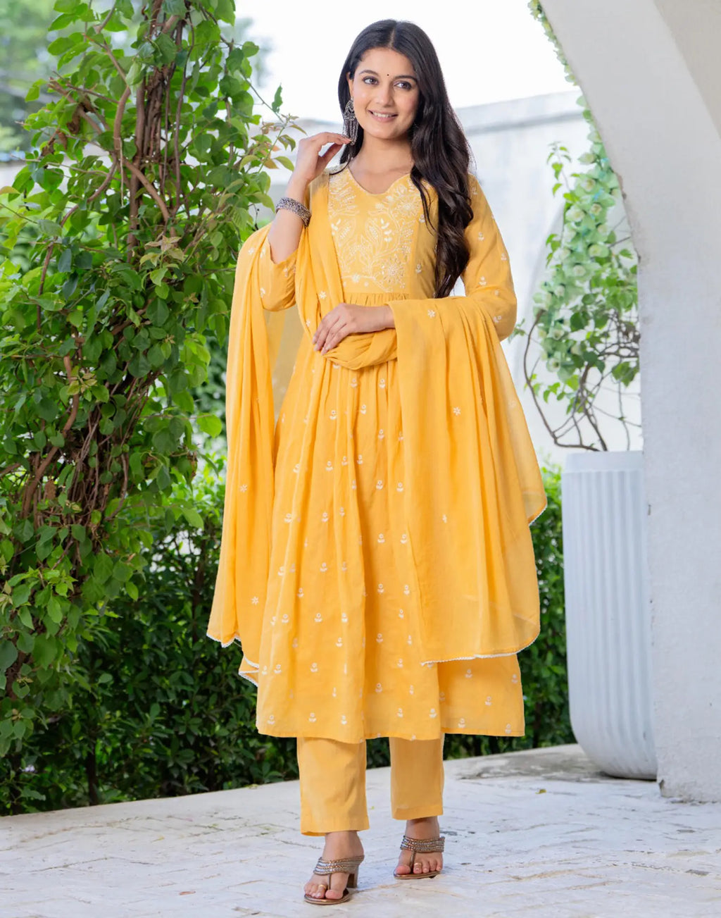 Skylee Cotton Embroidered A-Line 3 Piece Kurta Set For Woman