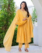 Skylee Cotton Embroidered A-Line 3 Piece Kurta Set For Woman