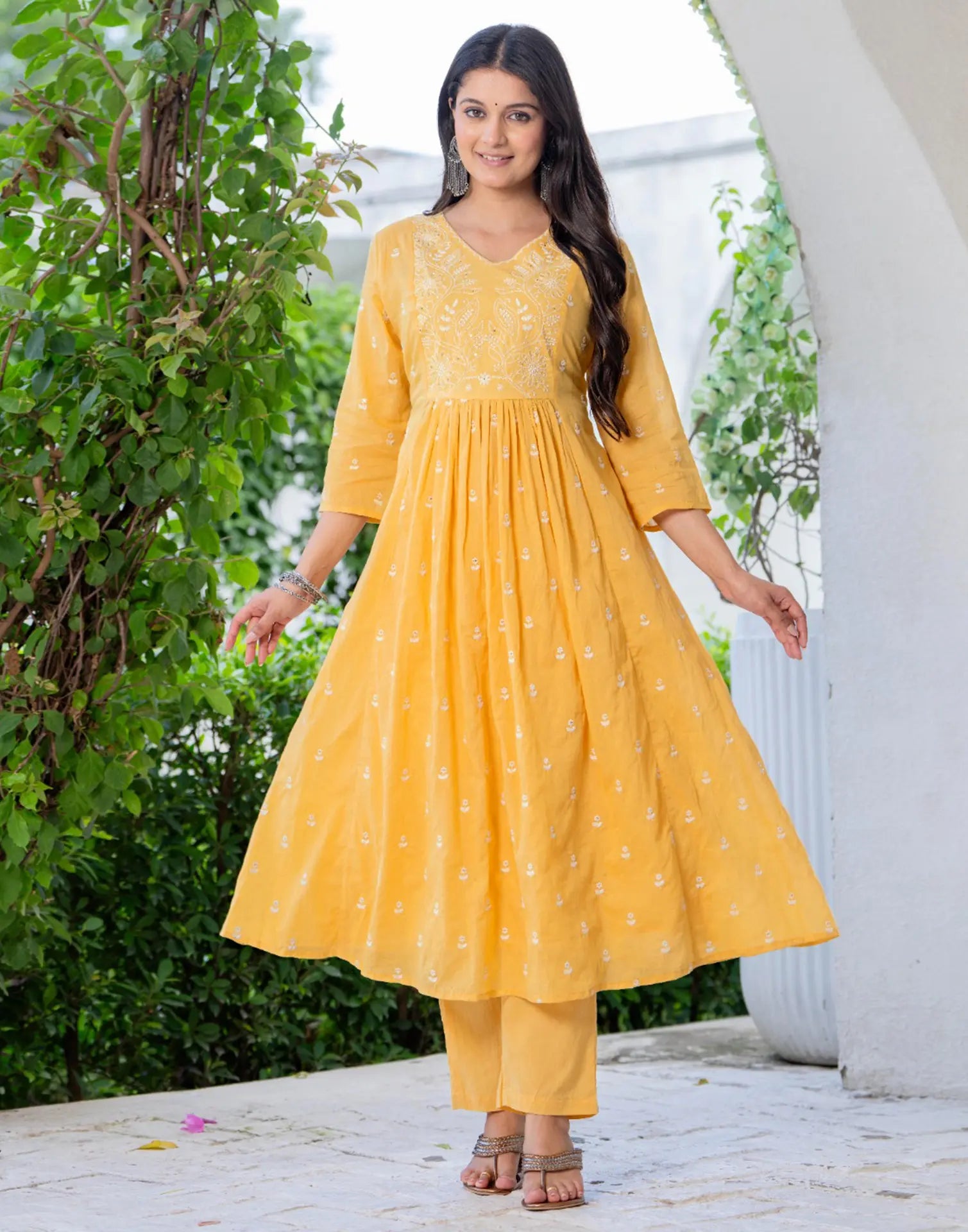 Skylee Cotton Embroidered A-Line 3 Piece Kurta Set For Woman