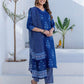 Dark Blue Silk Printed V Neck 3/4 Sleeve Straight Kurta Set With Pant & Dupatta