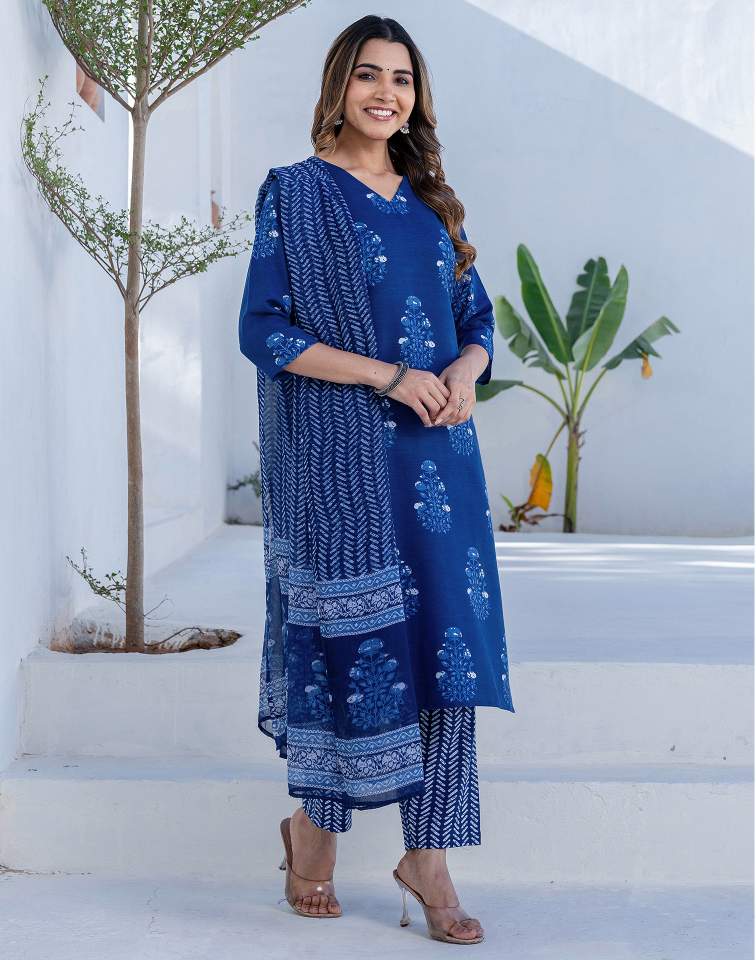 Dark Blue Silk Printed V Neck 3/4 Sleeve Straight Kurta Set With Pant & Dupatta