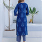 Dark Blue Silk Printed V Neck 3/4 Sleeve Straight Kurta Set With Pant & Dupatta