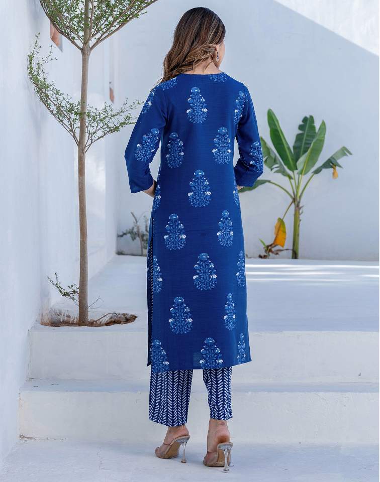 Dark Blue Silk Printed V Neck 3/4 Sleeve Straight Kurta Set With Pant & Dupatta