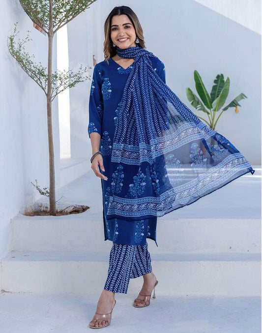 Dark Blue Silk Printed V Neck 3/4 Sleeve Straight Kurta Set With Pant & Dupatta